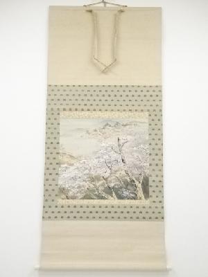 川辺華堂筆　春景山水図　肉筆絹本掛軸（保護箱）